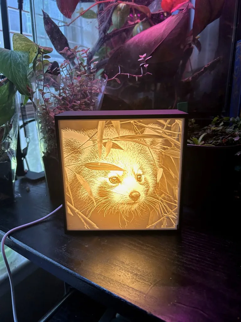 Red panda lithophane glowing in a black display beside houseplants